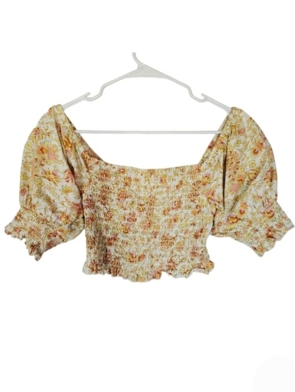 1505 * Billabong Smocked Floral Puff Sleeve Crop Top Yellow Cream Size L